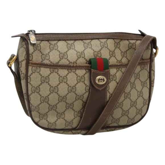 GUCCI GG Supreme Web Sherry Line Shoulder Bag PVC Beige Gold Auth KD211 - Picture 1 of 16